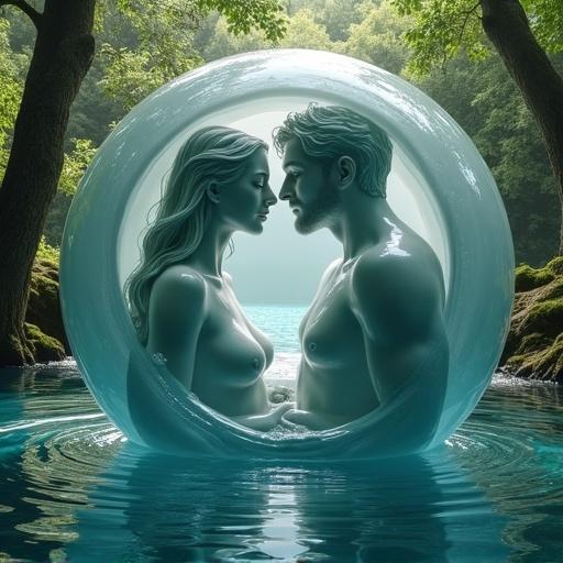 Depiction of Plato's spherical humans as an abstract sculpture in a mythical forest. Fluid forms of a woman and man are swimming together in a hollow ball, bodies fluidly transforming into spherical shapes.