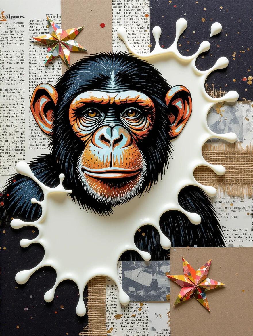 A mixed media artwork featuring a monkey surrounded by splashes of milk. Various textures like newspaper, jute, and wood are incorporated. Elements like origami stars add depth. The style combines surrealism and influences from Klimt. Digital art with a focus on intricacy and layers.
