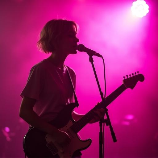 Silhouette of young female guitarist singing into microphone on stage. She wears a loose t-shirt. Vibrant pink stage lights create a foggy atmosphere. She holds an electric guitar. The setting is a live concert. The mood is dramatic and engaging.