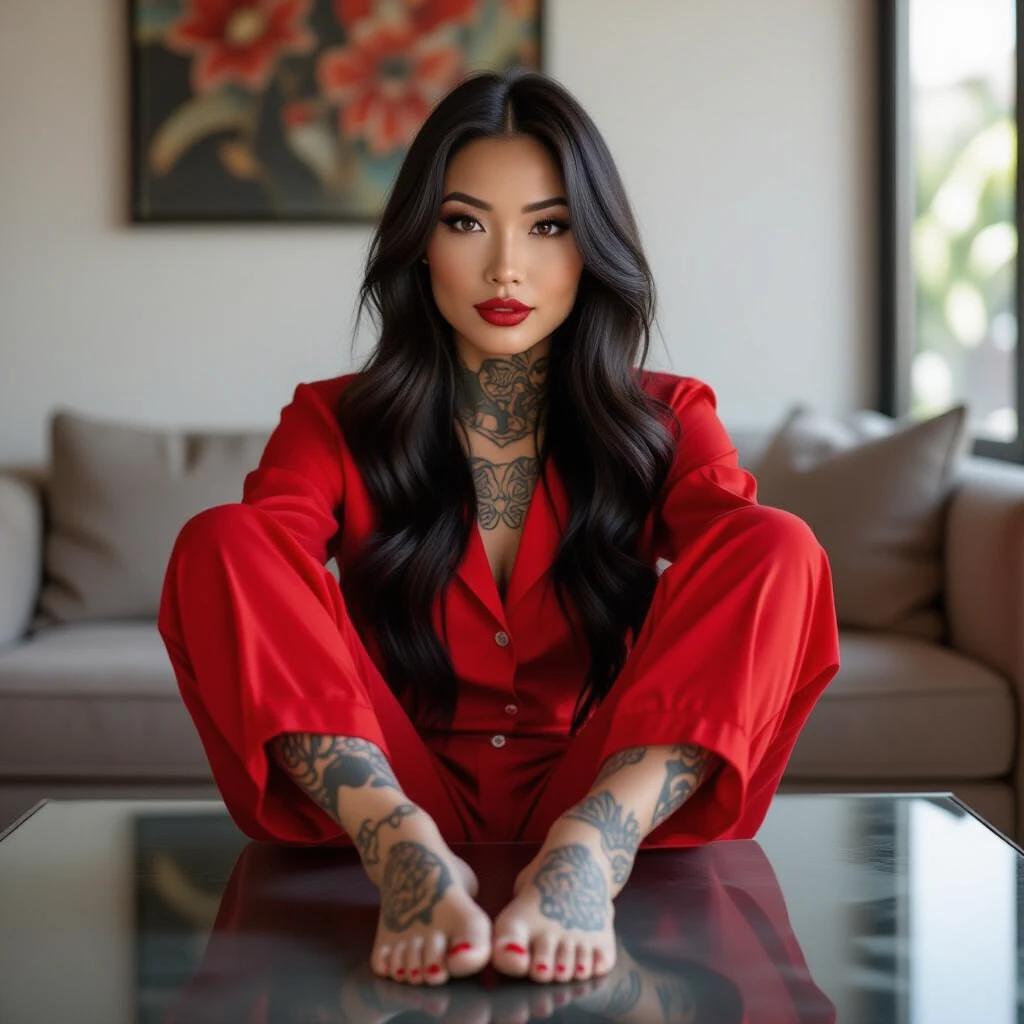 Asian woman with long black hair and brown eyes. She has tattoos and red nails. Wearing red pajamas. Feet with tattoos visible on a glass table.