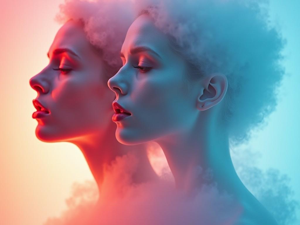 A surreal and artistic portrait of two women in soft hues of blue and coral.