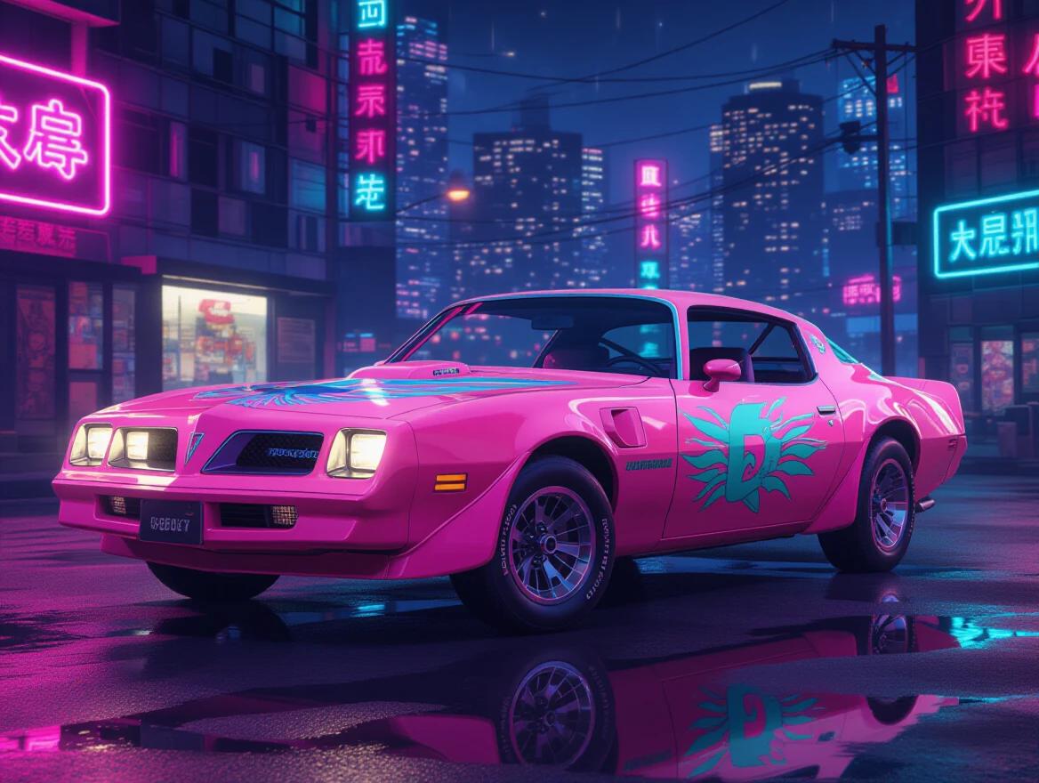A vibrant pink and teal 1976 Pontiac Trans Am parked in a cyberpunk city at night. Neon lights illuminate the scene, creating a colorful urban backdrop.