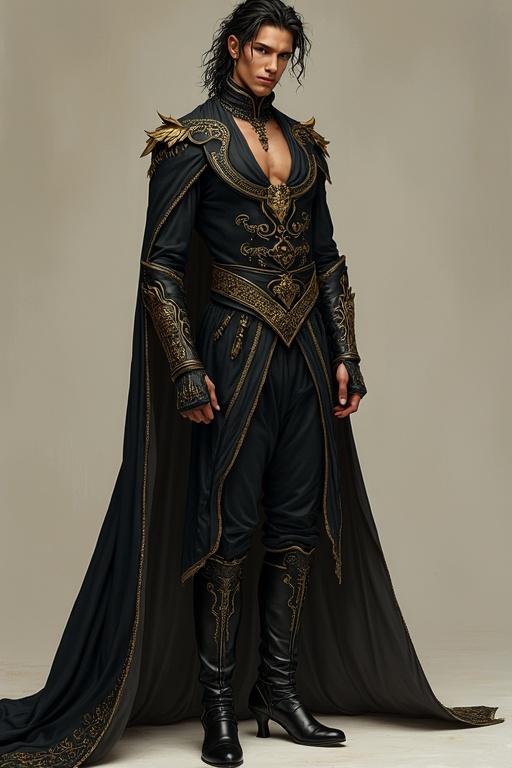 Male sorcerer in medieval fantasy attire. Character has honey skin tone and an effeminate appearance. Outfit is asymmetric, black with gold accents. Fitted along the chest and waist, flowy around wrists and ankles. High heeled boots complete the look.