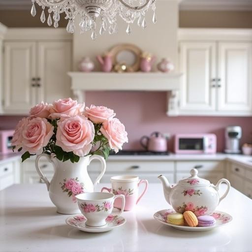 Light pink and white shabby chic kitchen with crystal chandelier. Light pink roses in white teapots with pink rose prints. Light pink rose print tea set on top of white cabinets. Light pink toaster and microwave on counter with coffee maker. Plate of pastel macarons on white countertops.