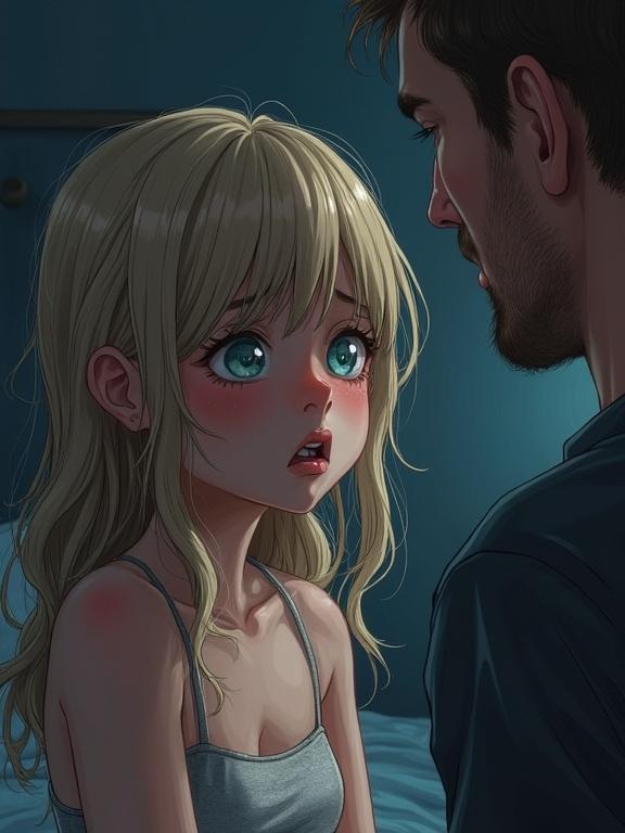 Realistic colored pen drawing featuring a scared, tearful, young girl with light hair, facing a middle-aged man in a dark bedroom.