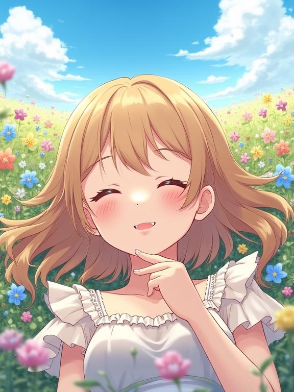 Full body anime-style illustration of a girl lying in a flower field. Front-facing close-up view. Peaceful expression, closed eyes, gentle smile. Hair spreads softly among colorful blooming flowers. Light spring dress with frills and lace. Bright blue sky with soft clouds. Vertically oriented for smartphone wallpaper.