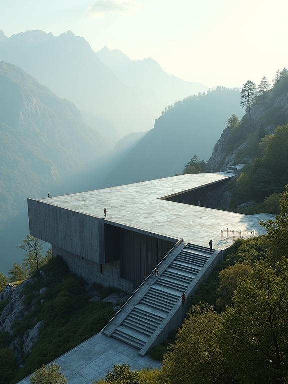 Architectural photography depicting a museum near a mountain with a large deck in a triakis tetrahedron shape. Captured from a bird's eye perspective with panoramic view in a serene outdoor scene.