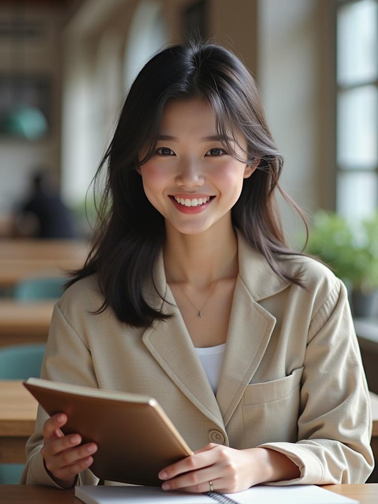 A person seated at a table holding a tablet in a well-lit area. The scene shows a focus on studying. The individual is dressed in a beige jacket and appears to be engaged with the device. The setting is an educational environment with plants in the background.