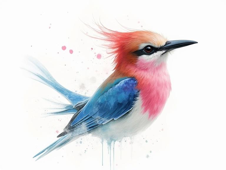 The artwork features a Lilac-Breasted Roller painted in a watercolour style. It showcases the bird's vibrant colors against a splashy white background. The composition is inspired by multiple artistic styles, blending traditional and modern techniques. The overall effect is tranquil yet captivating.