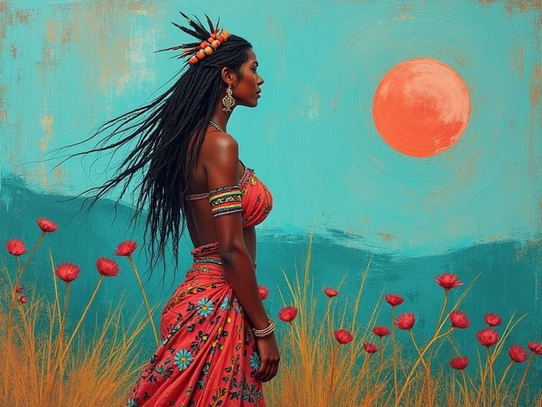 Navajo inspired abstract painting features a nude Zulu maiden in profile. The main color is turquoise. Background includes abstract elements and a sun.