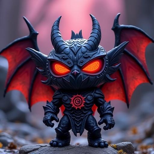 Fantasy cartoon-style monster toy inspired by early 2000s Italian collectibles. Lord of Shadows stands at 14.5 cm, armored and textural. Faces resembles horned mask with glowing red eyes and tribal symbols. Non-human anatomy, molded and toy-like. Features bat-like wings, chest emblem, spiked crown. High-contrast PVC style with glossy paint. Color palette includes deep black and crimson shades.