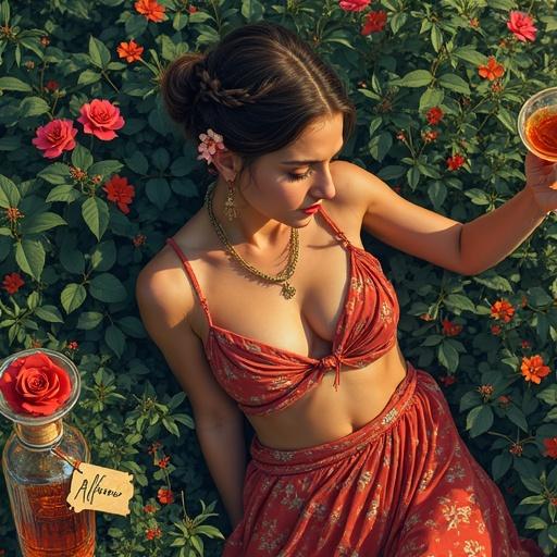 Top view image of a topless goddess in a lush garden. She has a bun hairstyle and is toasting with a cocktail. Wearing a sheer blouse and wrap skirt. Surrounded by wildflowers and an apothecary bottle. The mood is peaceful and elegant.