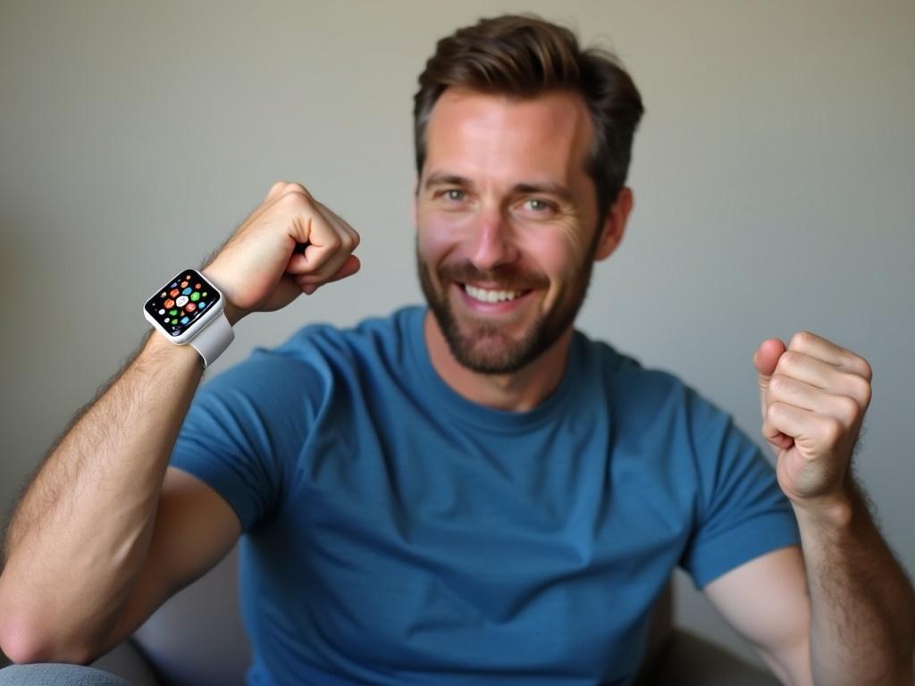 The image shows a man sitting casually with a neutral background. He is wearing a blue t-shirt and displays his left hand, which has a smart watch on the wrist. The watch is large and has a square face, featuring various colorful app icons on its screen. The man's right fist is raised slightly, suggesting a confident pose. His body language indicates a relaxed setting, potentially capturing a moment of leisure.