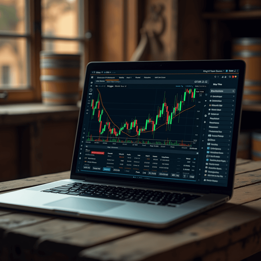 A laptop displaying a candlestick chart on a wooden table by the window.