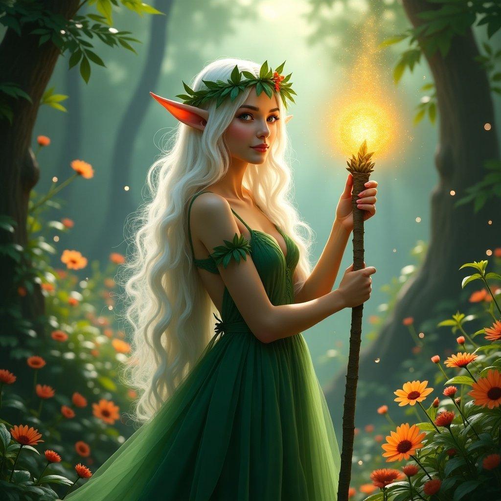 In a mystical forest filled with vibrant flowers and soft, enchanted light, a beautiful elf stands gracefully. She has long, flowing white hair and is adorned with a delicate crown made of leaves and flowers. Dressed in an elegant green gown, she holds a magical staff that glows with a warm, golden light. The atmosphere is serene, surrounded by lush greenery and the presence of magic. A sense of adventure and mystery permeates the scene, inviting viewers to imagine a fantastic tale.