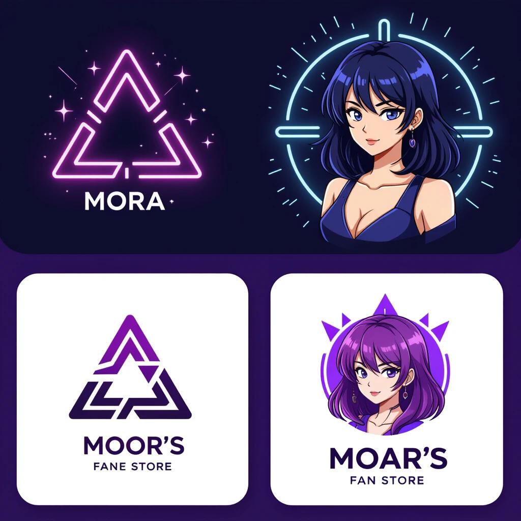 Design logo for an AI powered WhatsApp automation bot. Create logo for Moar's store featuring neon triangle. Incorporate dark and lilac colors to convey strength and attractiveness. Include versions for circular and square shapes. Add anime fan art details for a unique design appealing to graphic designers.