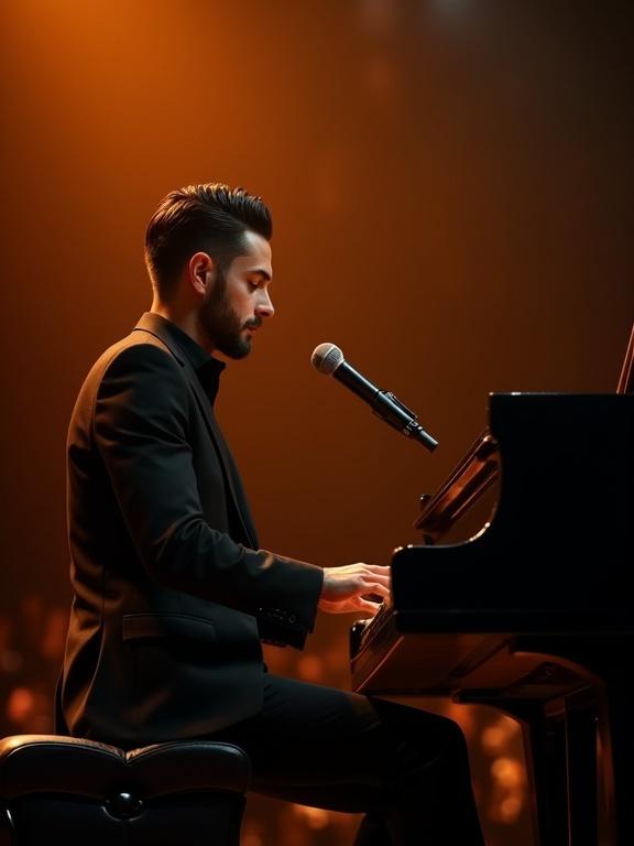 Male musician with trimmed beard and slick hair in black suit at a grand piano performing on stage. Medium side-profile shot with microphone in front. Warm dramatic stage lighting with amber and orange glow. Dark blurred background hints at an audience. Eye-level camera angle captures focused expression.