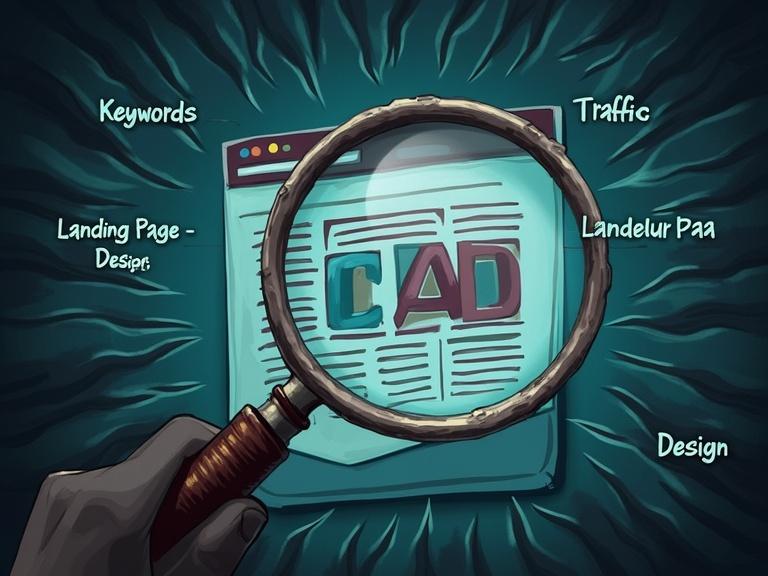 Detective-style graphic shows a hand holding a magnifying glass over a CPA ad. Text includes 'Keywords,' 'Traffic Source,' and 'Landing Page Design.' Noir-inspired colors dominate the scene.