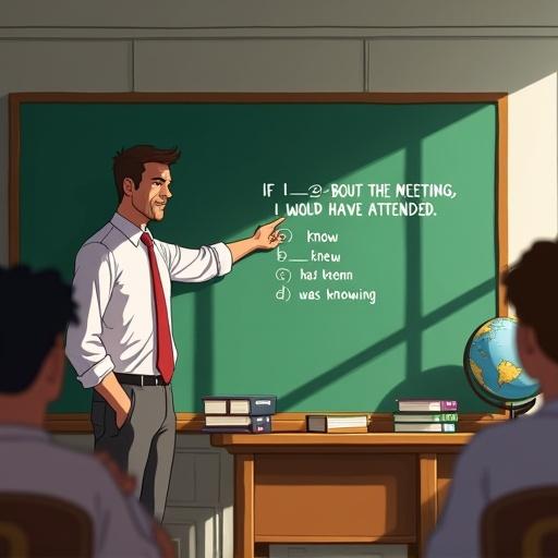 A male teacher stands in front of a classic green chalkboard in a classroom. On the chalkboard is a multiple-choice English grammar question about a meeting. The teacher is pointing at the question, engaging students. Bright lighting fills the room with bookshelves and a globe in the background. Ghibli style.