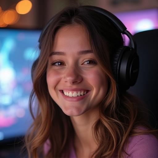 A cute female gamer influencer smiling. Subject has brown hair and brown eyes, wearing headphones. Background suggests a gaming setting with soft lighting.