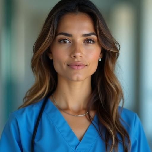 Photorealistic portrait of a Chilean nurse wearing a blue nurse uniform. Long wavy hair with natural softness. The setting is a hospital. Focus is on the shoulders and neckline. Image features warm colors and natural soft lighting.