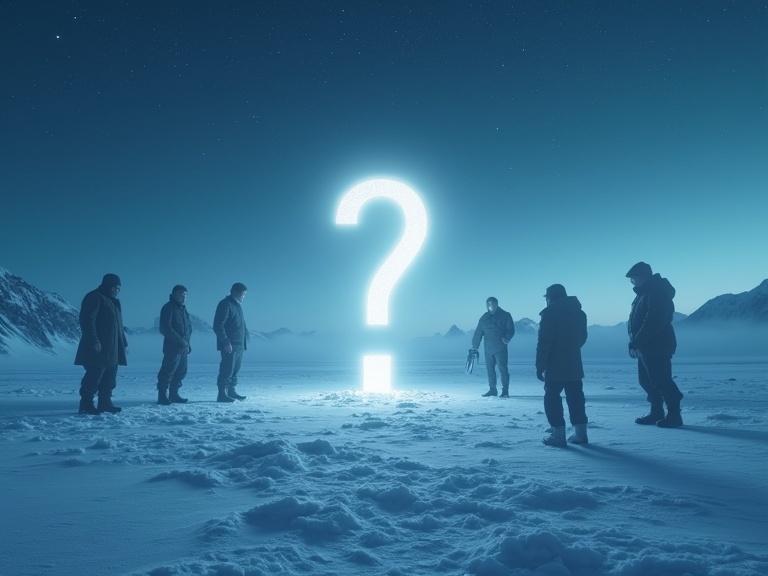 A thought-provoking scene in a frozen Antarctic landscape. Starlit sky overhead. Silhouettes of leaders and scientists fade into the ice. Centered glowing question mark emerges from the snow. Evokes mystery and hidden stakes. Cinematic lighting enhances atmosphere. 16:9 aspect ratio.