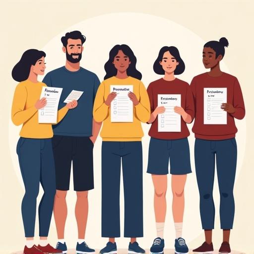 Illustration of five people in different ages holding voting ballots for club election. Each ballot shows names for roles like President and Secretary. Check marks indicate selected names. Different poses for each person with ballots. Use navy blue and maroon with pale yellow colors.