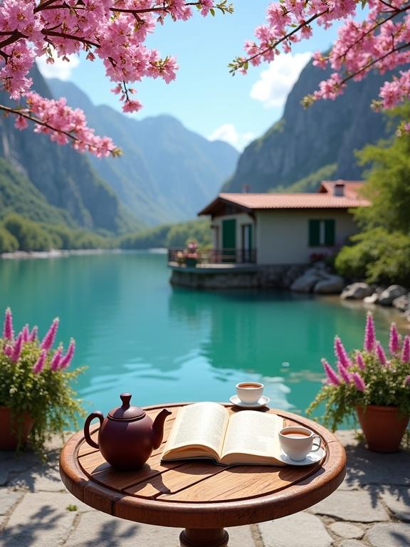 Serene outdoor setting with a wooden table. Table features an open book, reddish-brown teapot, and two white cups. Background includes turquoise lake, green mountains, and pink flowers. Setting conveys tranquility and beauty.