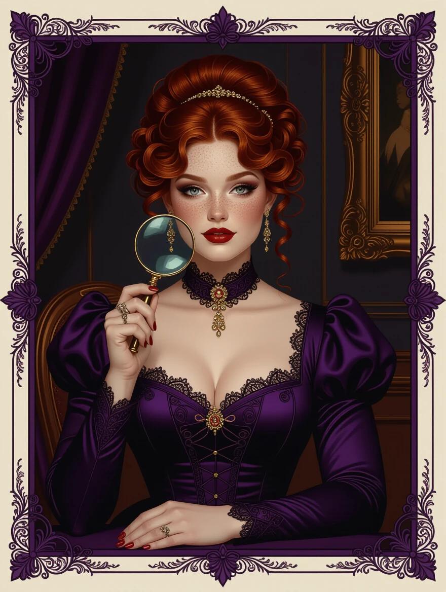 Oil portrait of a beautiful plump woman in her 20s. Curly red hair styled in an updo. Freckled pale skin. Wearing ornate dark purple modern formalwear. Holding a magnifying glass. Set in a dim mansion room. Dark purple color scheme. Dark and mysterious tone. Art Nouveau border around the portrait.