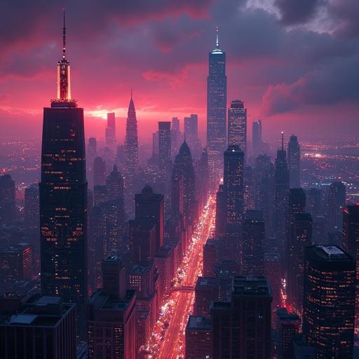 A hyper realistic city skyline with cyberpunk elements. A dramatic sky with a color graded appearance reminiscent of film noir. Skyscrapers dominate the landscape. The city is illuminated with vibrant colors in the nighttime.