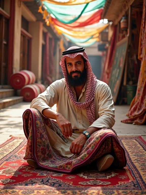 A professional magazine cover photo shows a handsome Arab carpet seller seated on an ornate Persian rug. Vibrant carpets are around him. He holds a colorful rug towards the camera. The seller wears traditional Middle Eastern attire and has deep turquoise blue eyes. The setting is an open-air bazaar with colorful fabric canopies and ambient details. High contrast lighting creates sharp shadows and depth.