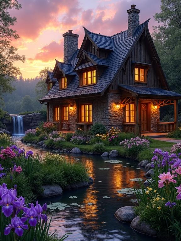 A charming rustic cottage nestled in a vibrant flower garden with a serene stream in the foreground. The cottage features a dark slate roof and warm yellow lights glowing from its windows. A waterfall cascades behind it, creating a peaceful atmosphere. The sunset paints the sky in hues of orange, pink, and purple, enhancing the idyllic setting.