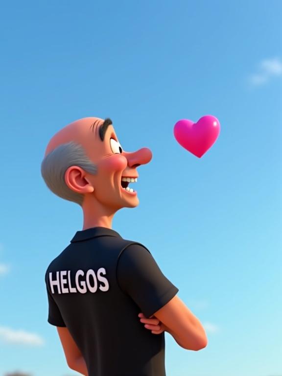 Pixar cartoon character. Bald middle-aged man seen from behind. Playful smile with skinny face. Black shirt says HELGOS. Sending a kiss with one hand. Pink heart flies from mouth. Sky-blue background. Cinematic shot.