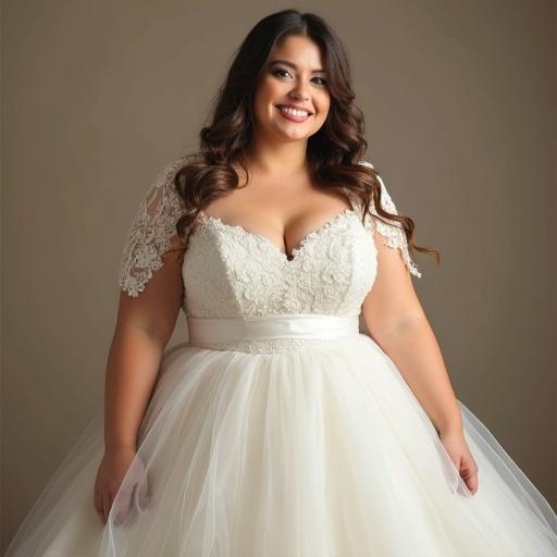 Chubby cute girl bride wearing a beautiful wedding dress with intricate lace and a full tulle skirt. She has long, dark hair and is smiling in a soft light.