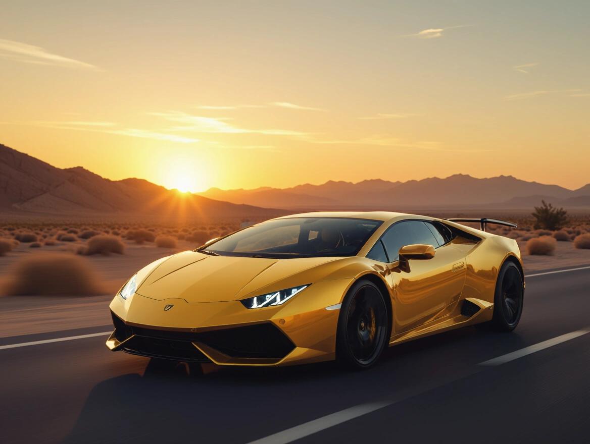 Realistic photo of a golden Lamborghini Huracan driving on a street. Located in a desert environment at sunset during the golden hour. Captures dynamic motion and luxury aesthetic.