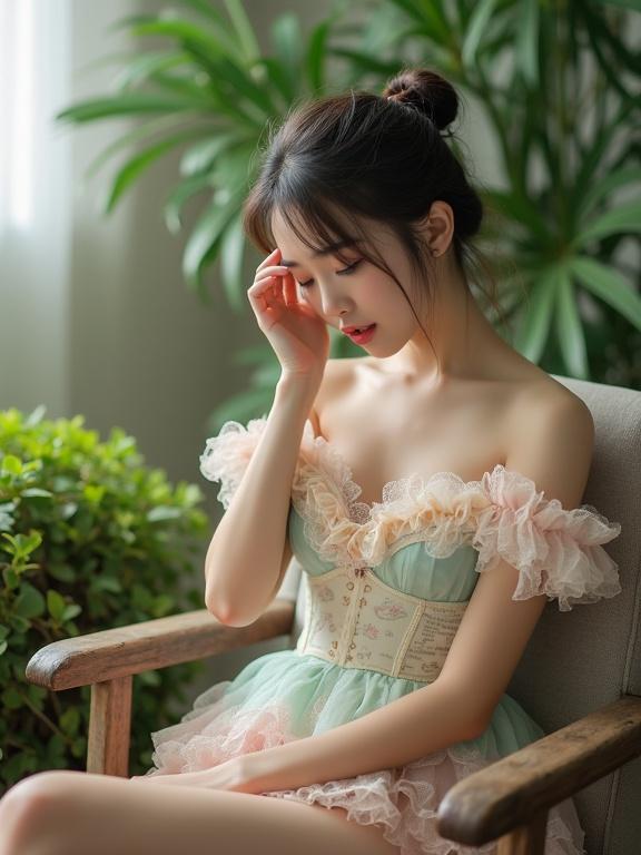 Low angle shot of a young lady. She wears a pastel-colored, frilly outfit sitting crossed leg in a well-lit chair. Her corset top features lace, with a sweetheart neckline and off-the-shoulder design. Her hair is tied. She shows a beautiful leg with high heels. She has an expression of moaning with an open mouth and closed eyes. Pale pink stockings and garter belts enhance the look. Soft, natural light emphasizes details. The background has greenery and plants. The scene gives a vintage feel.