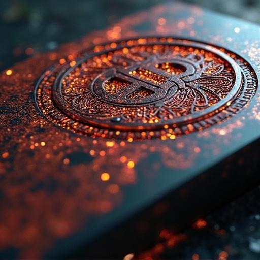 Close-up image of an elaborately engraved black piece with an orange color scheme and a logo. Image has a photorealistic quality. Deep textures and fascinating details. Great dramatic lighting highlights the engraving.