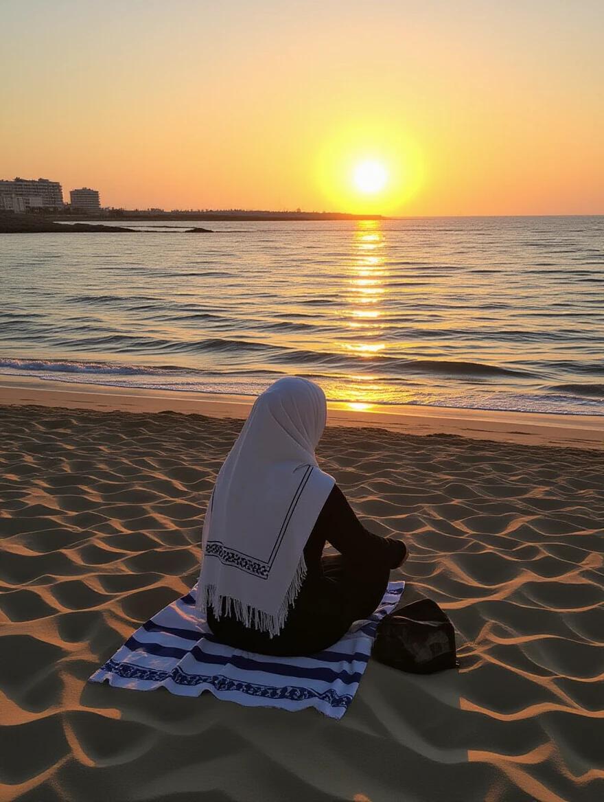 A Jewish woman sits quietly on a beach in Tel Aviv. The sunset casts warm golden hues. Waves softly lap against the shore. She sits on a striped towel, wearing a headscarf. The scene evokes tranquility and reflection.