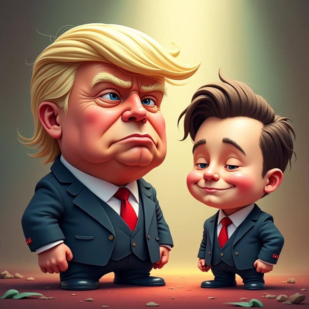 Two cartoon characters in business suits. One character has a distinctive hairstyle and features often associated with a well-known political figure. The other character also exhibits similar features with a shorter stature.