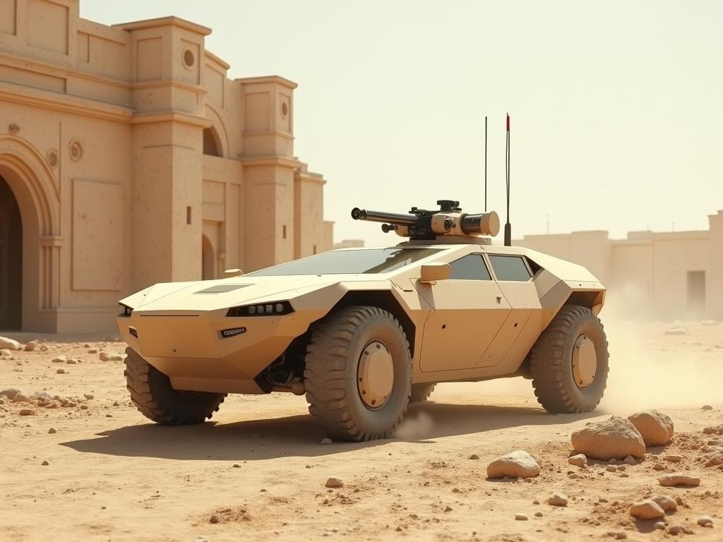 Cinematic sleek dusty light beige smooth polygonal bevel shaped sci fi military APC vehicle with top mounted gun torrent in a sunny desert stone city ruins environment featuring radiator dust realism and shadow details