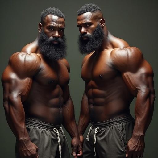 Two muscular bodybuilders from the Ivory Coast. They have dark skin and strong facial hair. Their muscles are well defined. They are sweating profusely. They embrace each other in a playful setting with balls.