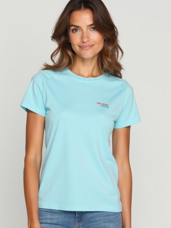 A woman wearing a light blue t-shirt with a simple design and a text logo. The t-shirt has a relaxed fit and short sleeves. The background is neutral to emphasize the t-shirt. The fabric appears soft and breathable. The woman looks confident and stylish, representing a laid-back vibe.