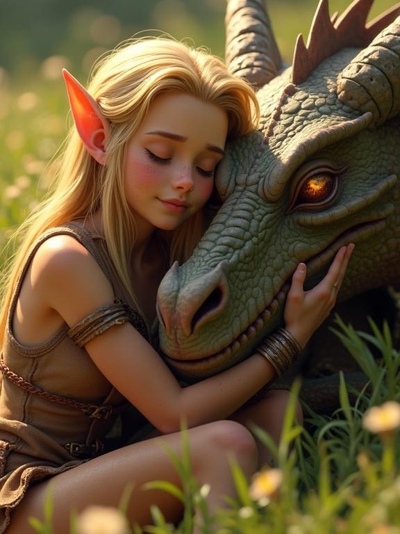 A beautiful blonde elven warrior girl hugs her dragon friend. The scene shows them in a meadow after a fierce battle. The girl has torn clothes and dirty, tanned skin. She has eyes closed and a soft smile, showcasing affection as she rests on the dragon's back.