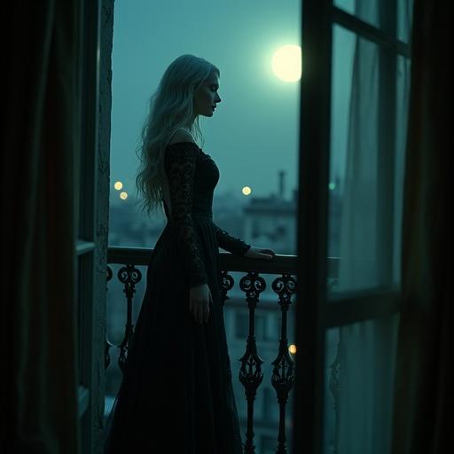 A breathtakingly beautiful woman stands on a balcony at night. She has long silver hair and emerald eyes. Wearing a dark velvet gown with intricate embroidery. Softly illuminated by moonlight. Gazing into the distance. Gothic Victorian architecture is visible around her.