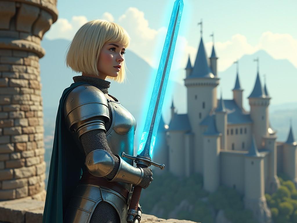 This digital artwork features a female knight with short blonde hair, standing with a glowing blue sword. She is clad in polished armor and gazes determinedly into the distance. Behind her, a medieval-style castle with multiple spires sits against a backdrop of misty mountains, creating an epic and fantastical atmosphere.