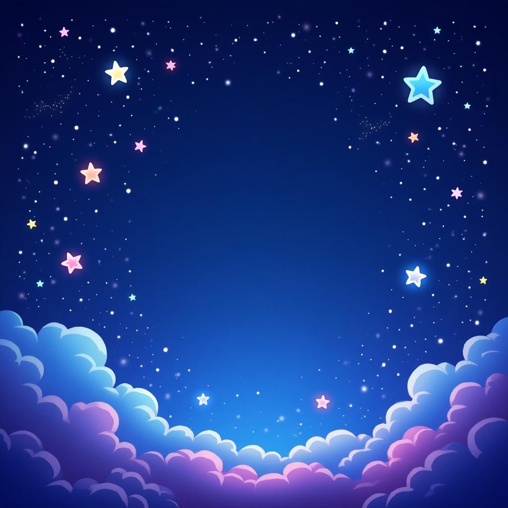 Create a vibrant cartoon-style background resembling a starry night sky. Include gradient of deep blues and purples. Scatter twinkling stars of various sizes. Add playful elements like shooting stars and glowing clouds.