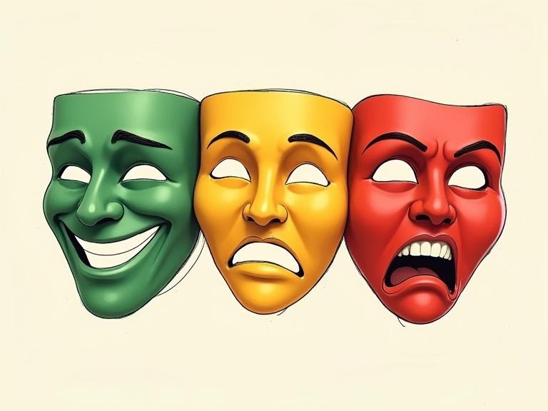 Digital sketch-style illustration divided into three vertical panels. Each panel shows the same theatrical mask design with different emotional impressions and colors. Masks do not touch each other. Each mask is slightly turned to the left, angled downward to show thickness. Left panel shows a green happy mask. Center panel has a yellow neutral mask. Right panel features a red worried mask. Clean sketch lines and digital shading emphasize volume against a neutral background.