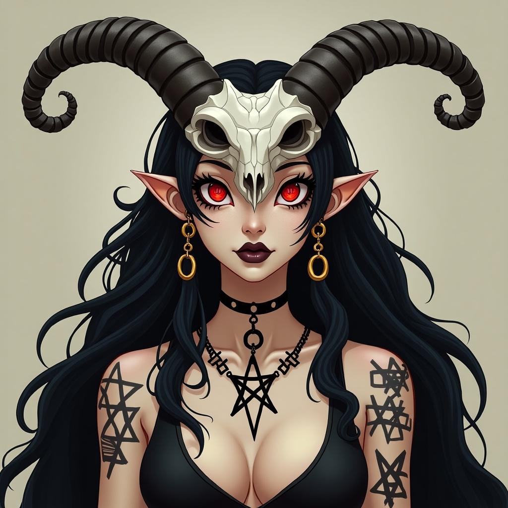 Very tall female character with a muscular build. Long black hair with gold accessories. Red eyes, one with a white engraving of the Star of David and the other with a crescent shape. Four eyes in total with a deep-set shape. Accessories include an upside-down crescent moon tattoo on the chest and upside-down crosses on the eyes. Star of David earrings. Character has black and white horns and a goat skull mask covering the face. Ethnic representation is a white windigo. Represents the sin of witchcraft.