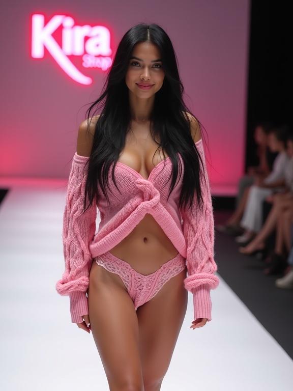 Model with long black hair walking on a runway. She smiles at the camera. She wears a pink knitted sweater and pink lace panties. Background features illuminated Kira Shop sign.