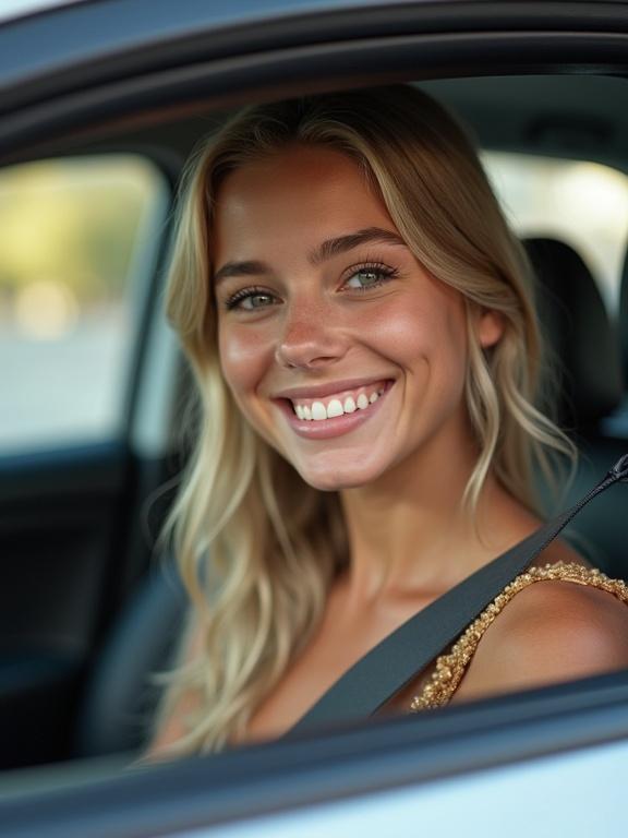 Beautiful girl smiling at the photographer from inside her car. Warm sunlight creates a friendly atmosphere. Hair cascades down shoulders framed by the car window. Natural and joyous expression invites connection.